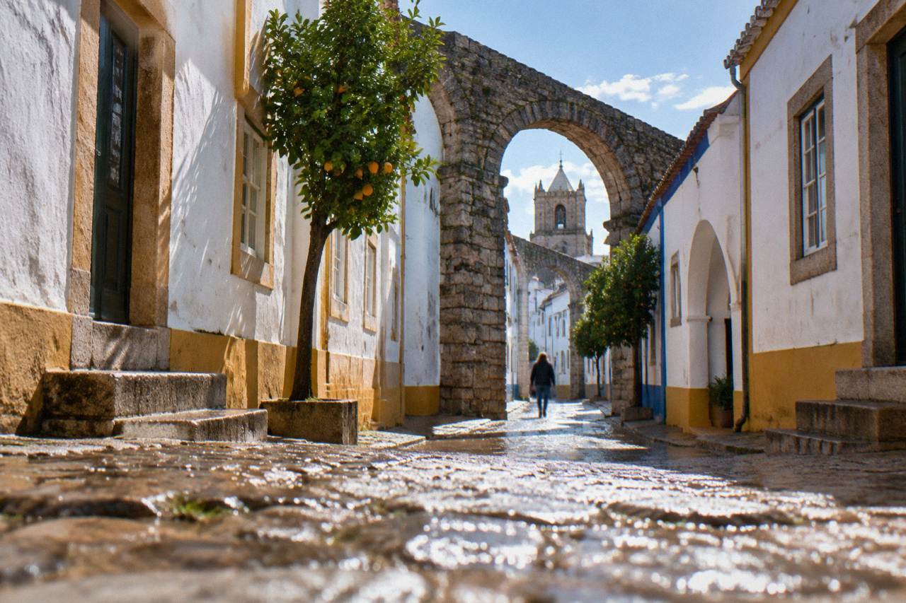 Stone arches of an old aqueduct rising between whitewashed houses in a narrow street in Évora