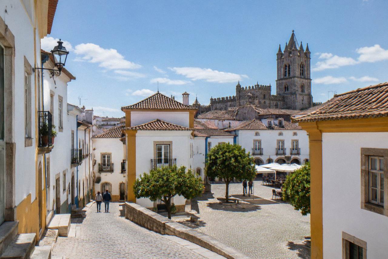 Sunlit square in Évora with white-walled buildings and a Gothic cathedral tower rising behind them