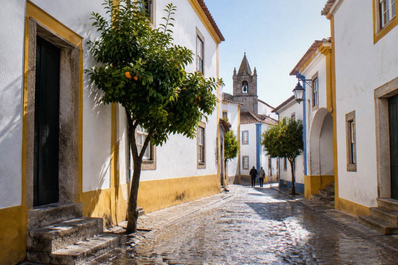 Whitewashed houses and narrow streets inside the walled historic centre of Évora under a clear sky