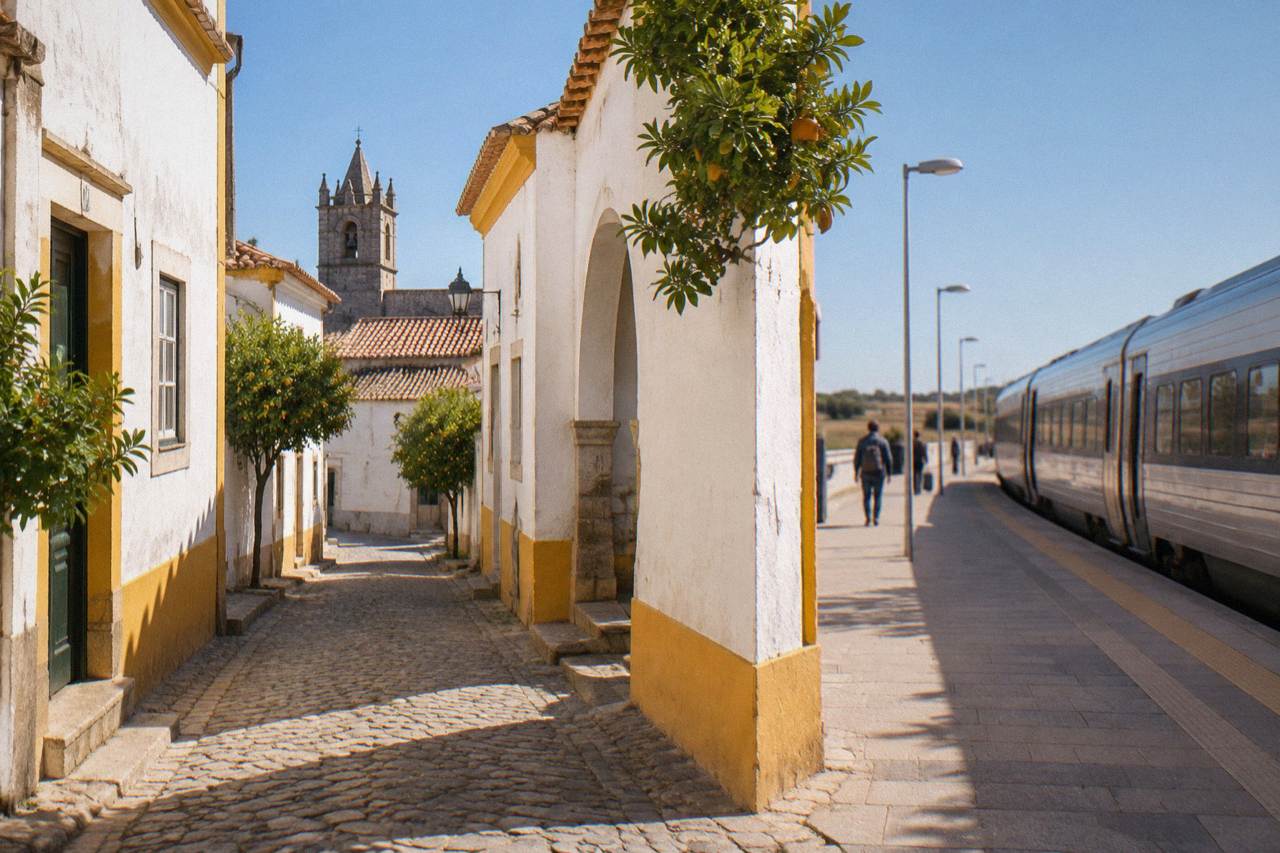 An Intercidades train standing at a station platform under a wide Alentejo sky