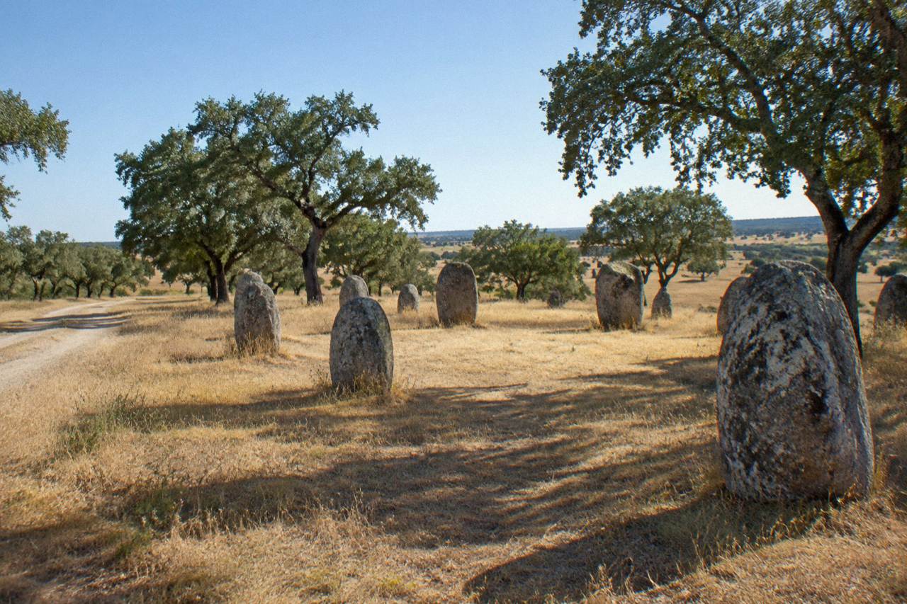 Standing stones of a prehistoric cromlech rising from open cork oak landscape on the Alentejo plain