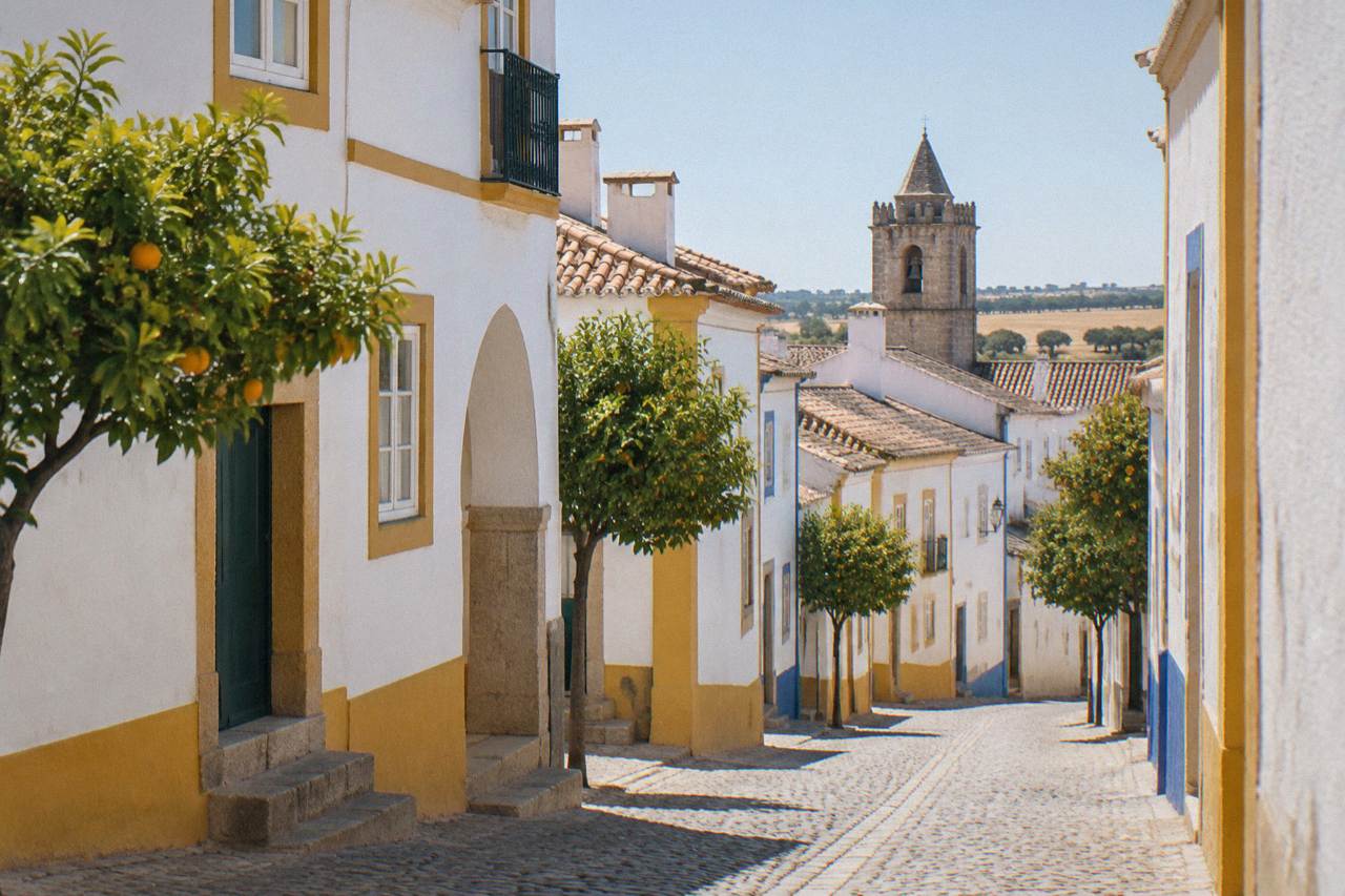 Golden wheat fields and cork oaks stretching to the horizon on the Alentejo plain near Évora