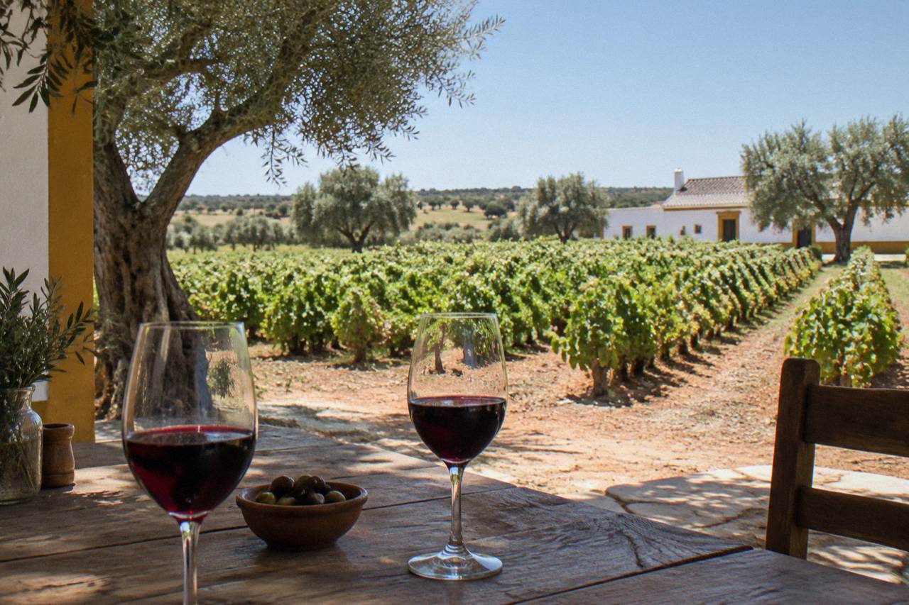 Glasses of red wine standing on a rustic wooden table in an Alentejo tavern