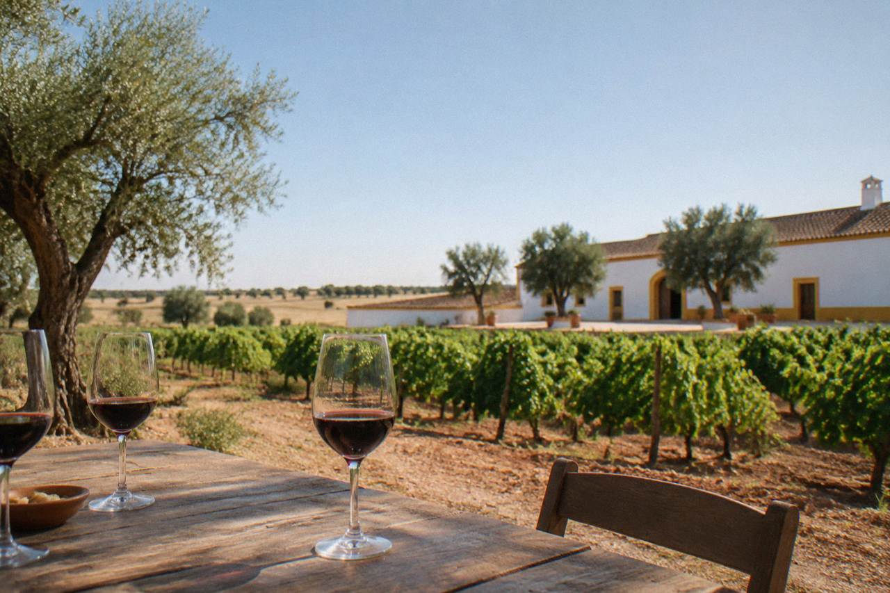 Glasses of red wine on a wooden table in an Alentejo tasting room