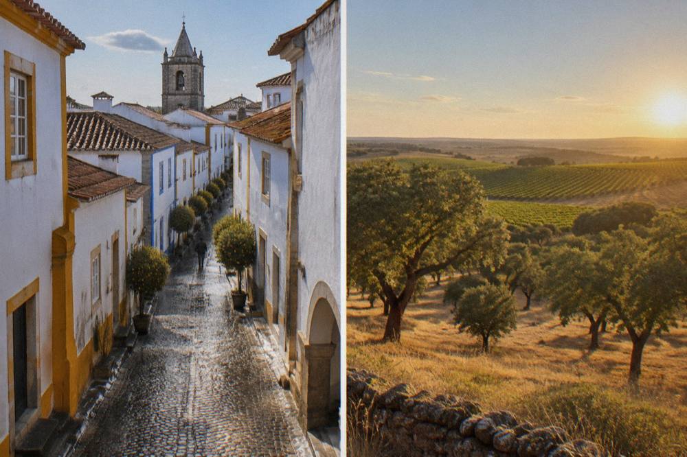 A vineyard and cork oak landscape on the plains outside Évora at golden hour