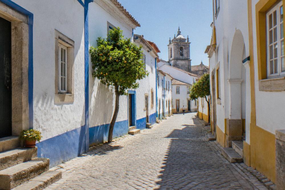 A narrow limestone street with white houses and blue trim inside the historic centre of Évora