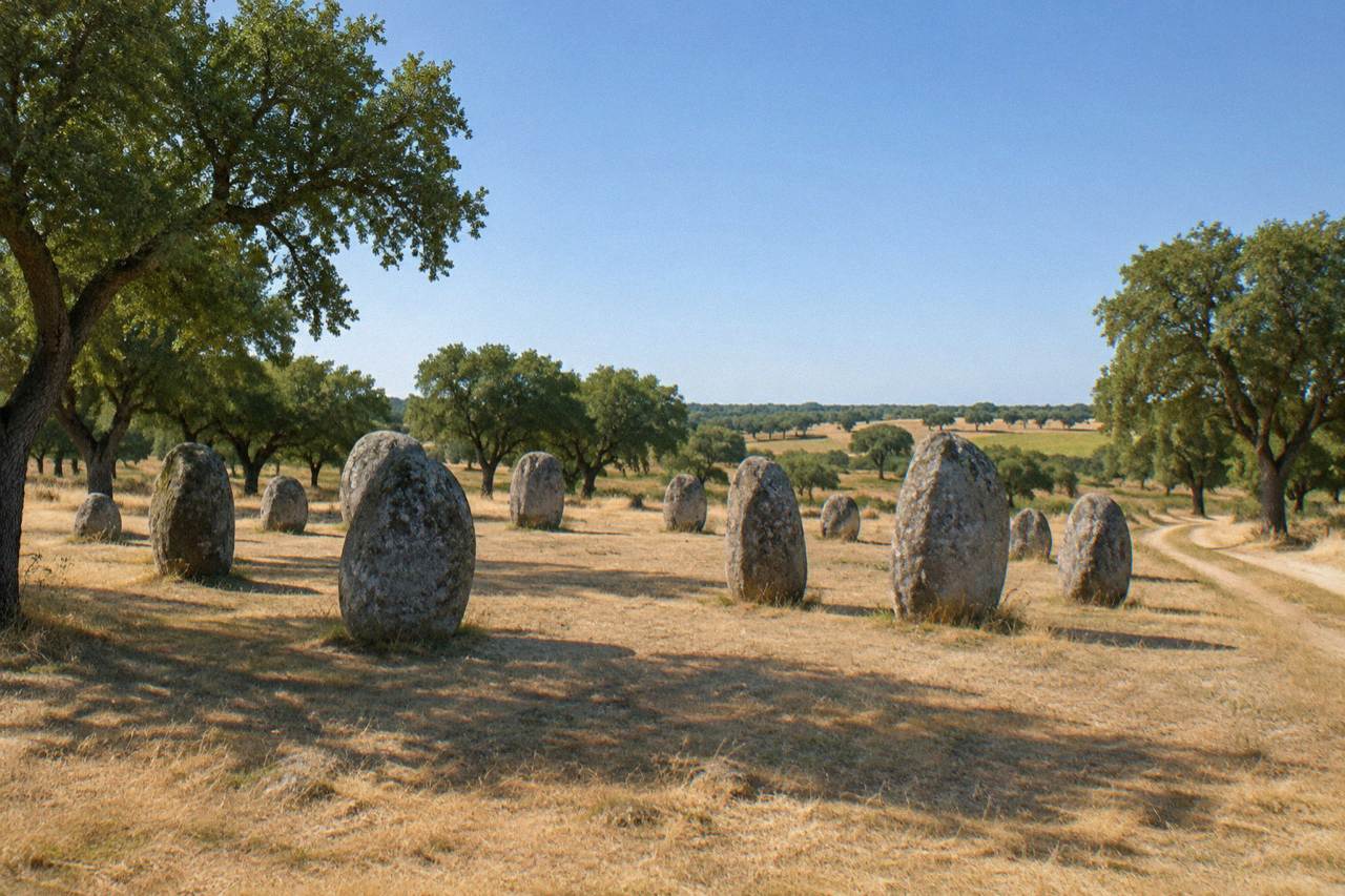 Standing stones of a prehistoric cromlech on open Alentejo grassland near Évora