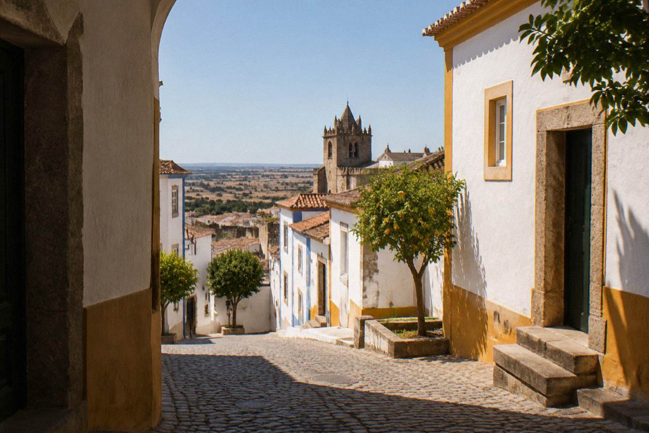 View over the flat Alentejo plain toward the walled historic centre of Évora under a wide sky