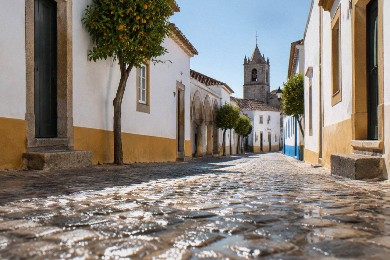 A quiet walled street in Évora's historic centre with whitewashed houses and a church tower under a clear sky