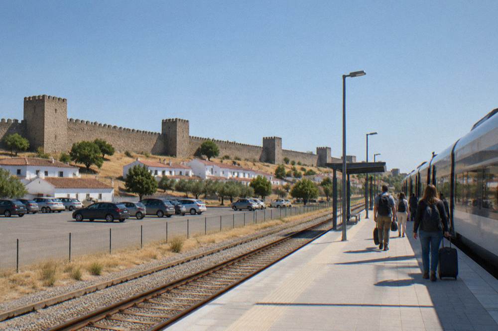 A small regional railway station platform with a modern train waiting and passengers with bags