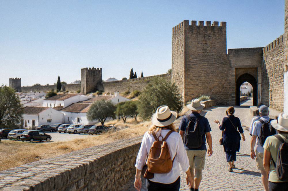 A small group of visitors following a guide along a sunlit stone street toward an old city gate