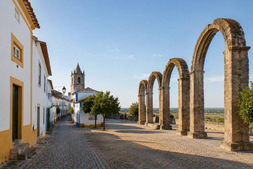 A row of tall arches standing in open ground on the edge of Évora at golden hour