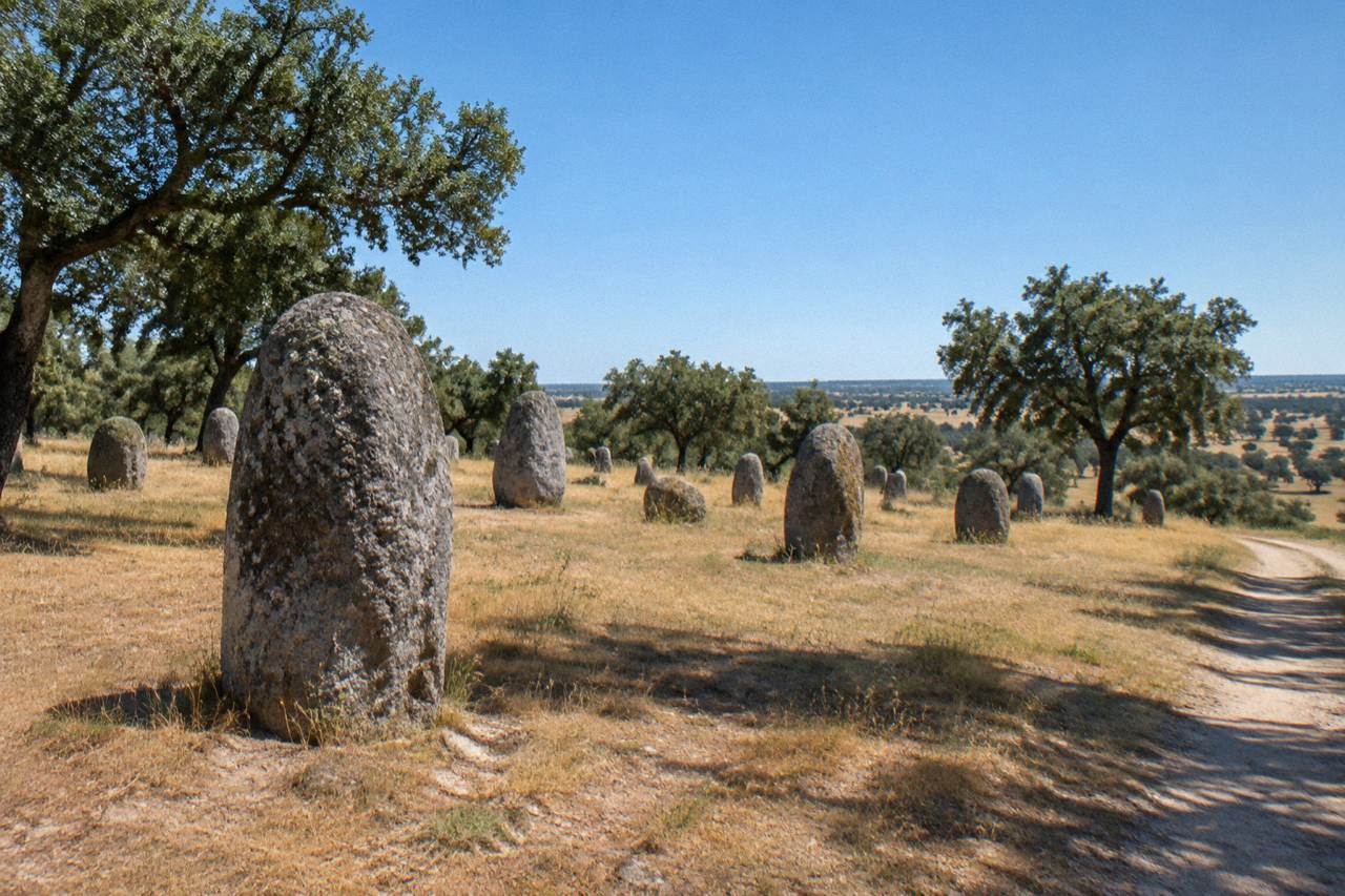 Standing stones of the Almendres cromlech scattered across a grassy hillside under a wide sky