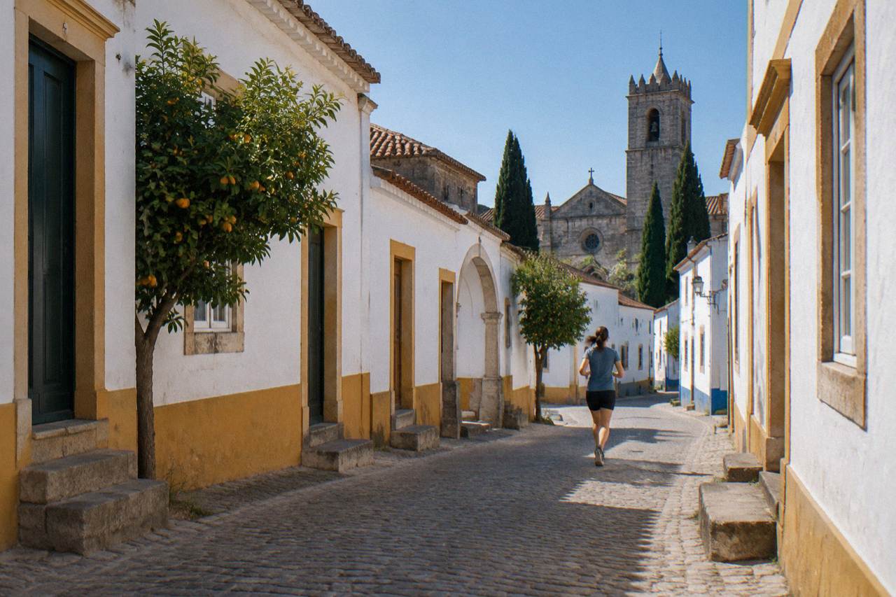 A stone monastery building with a church facade and cypress trees under a clear sky on the edge of Évora