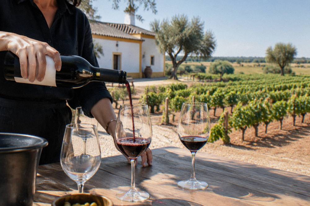 A guide pouring red wine into tasting glasses at a wooden table inside an Alentejo winery