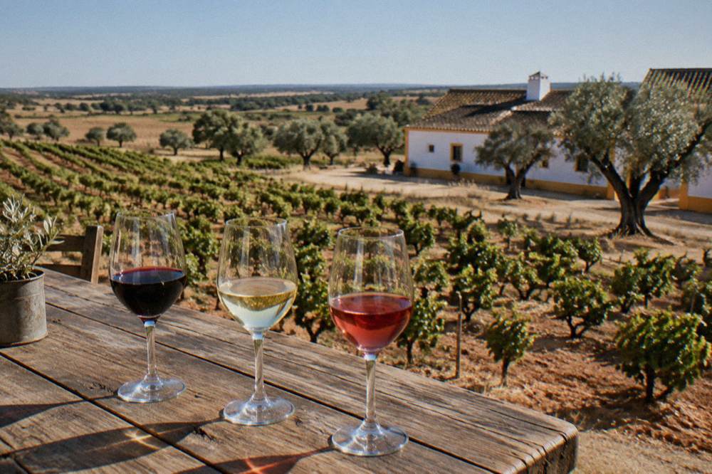 Three glasses of red and white wine lined up on a rustic wooden tasting table