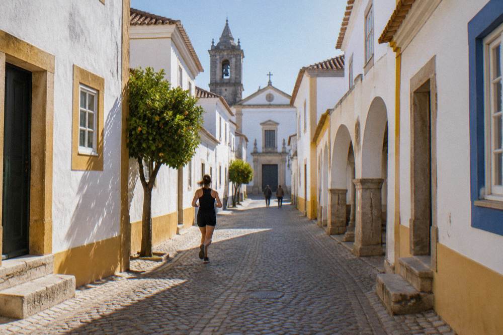 A cobbled street in the historic centre of Évora lined with white buildings and leading toward a church facade