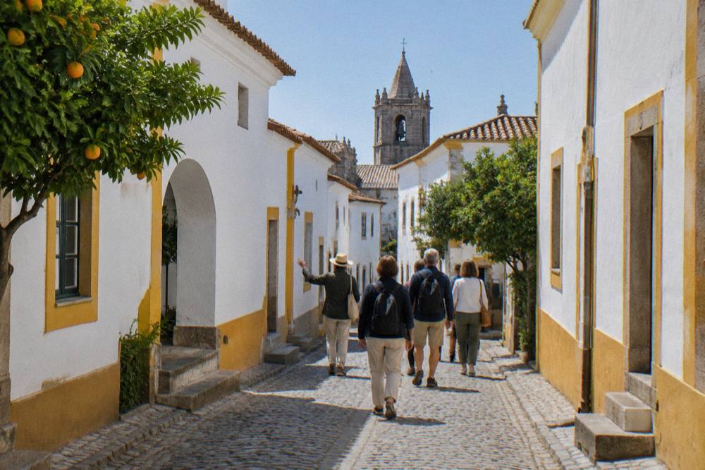 Small group of visitors following a guide along a narrow white-washed street in Évora