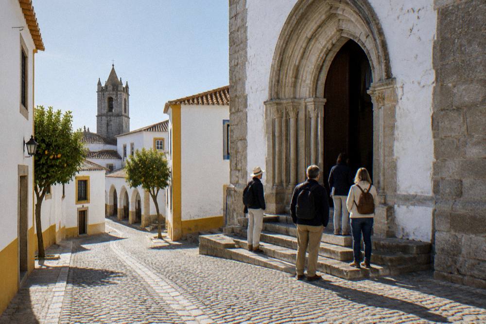 Visitors pausing at the entrance of a stone chapel with an arched doorway in Évora