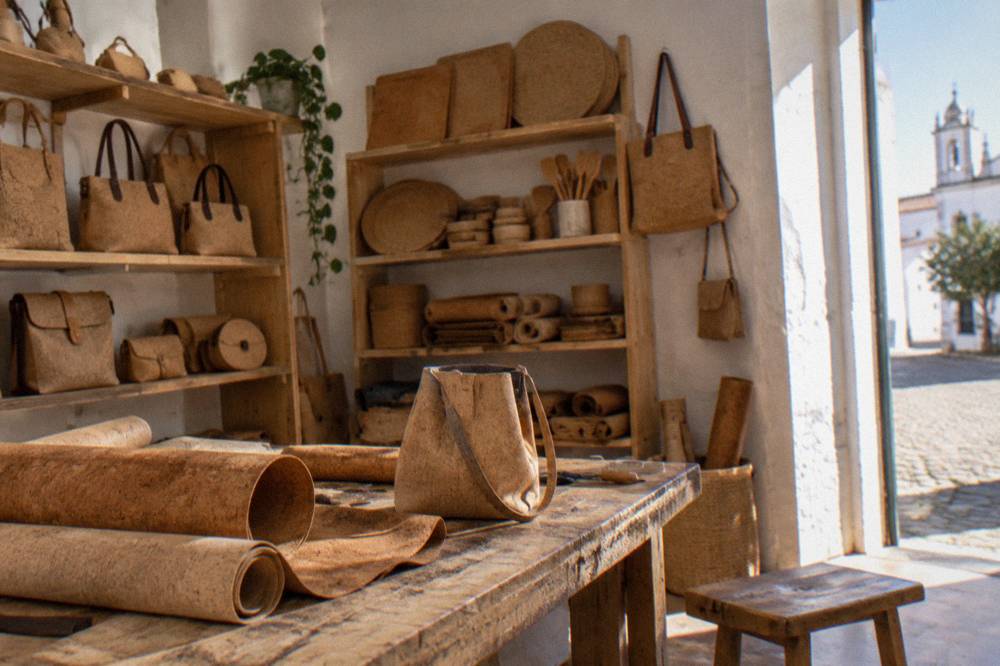A workshop bench with rolls of cork fabric and a half-finished handbag