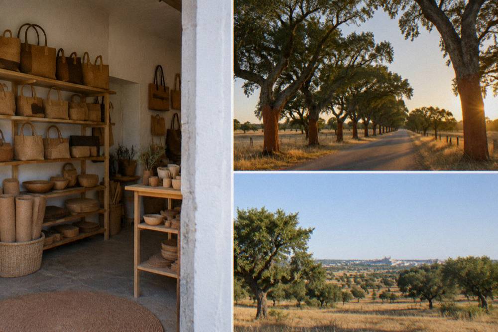 A cork oak avenue on an Alentejo country road at golden hour