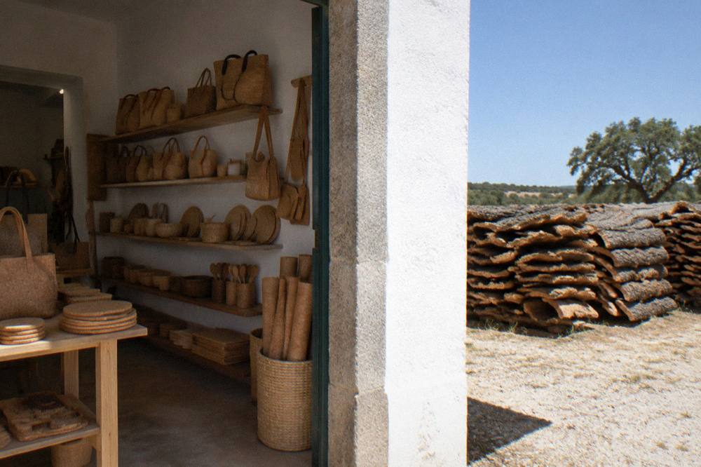 Stacked cork bark planks seasoning outdoors at an Alentejo estate