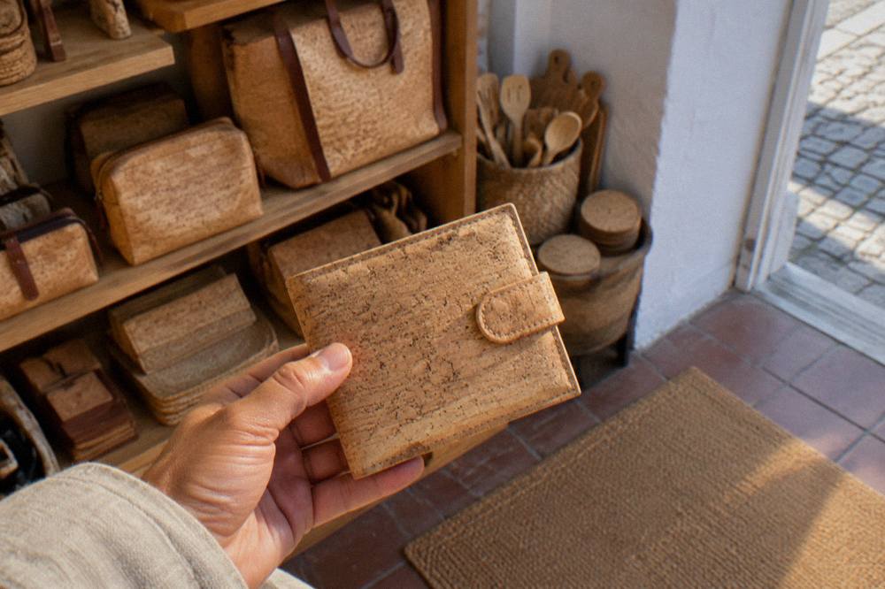 A close view of natural cork fabric grain on a finished wallet