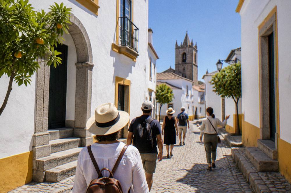 A small group of visitors following a guide along a cobbled street in Évora's old town