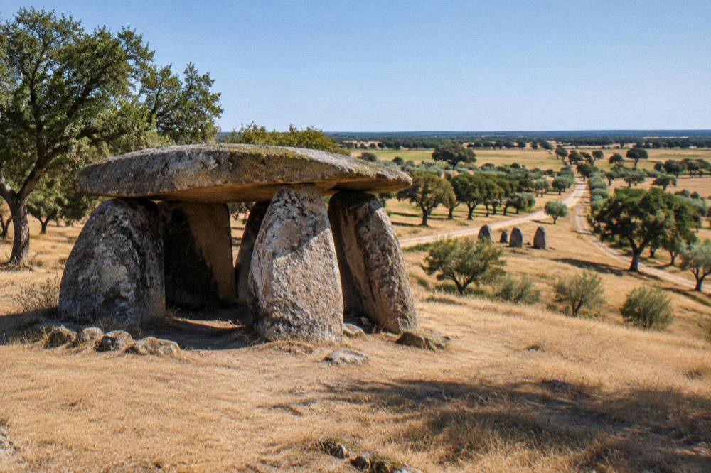 Open Alentejo plain with a country road leading toward standing stones