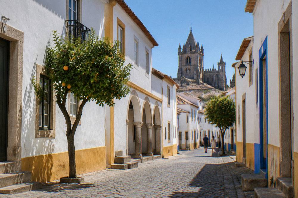 The cathedral towers above the old town under a clear late afternoon sky in Évora