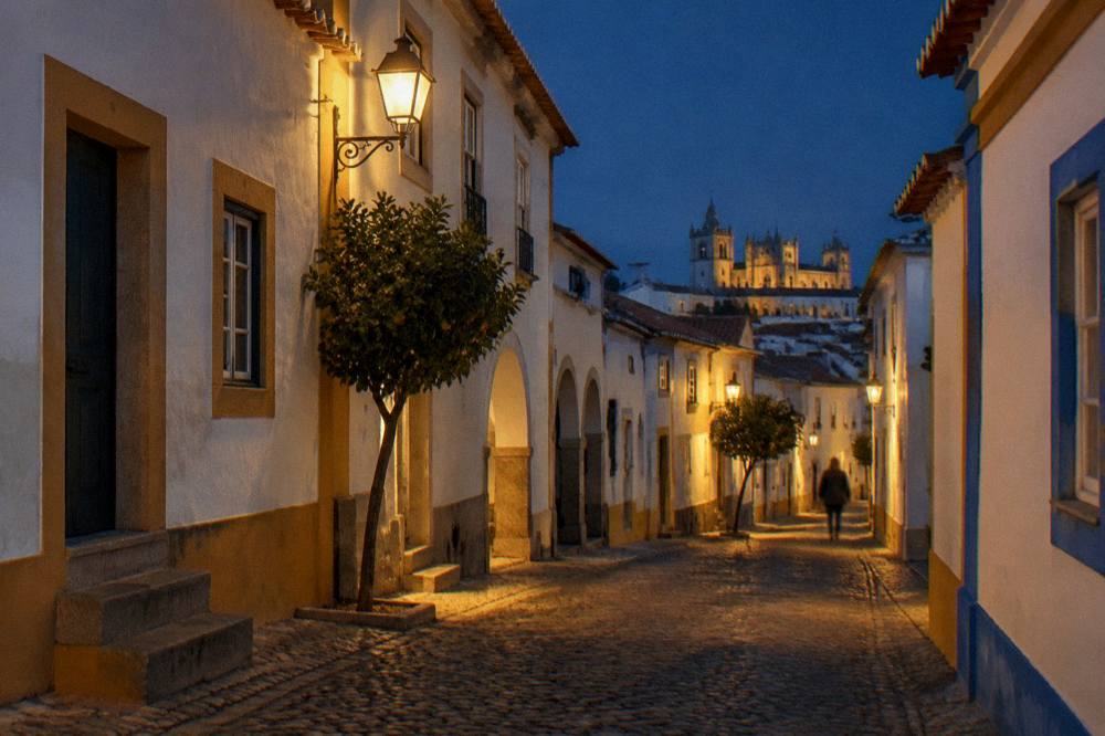 Evening light on the cathedral facade and the rooftops of Évora seen from a distance