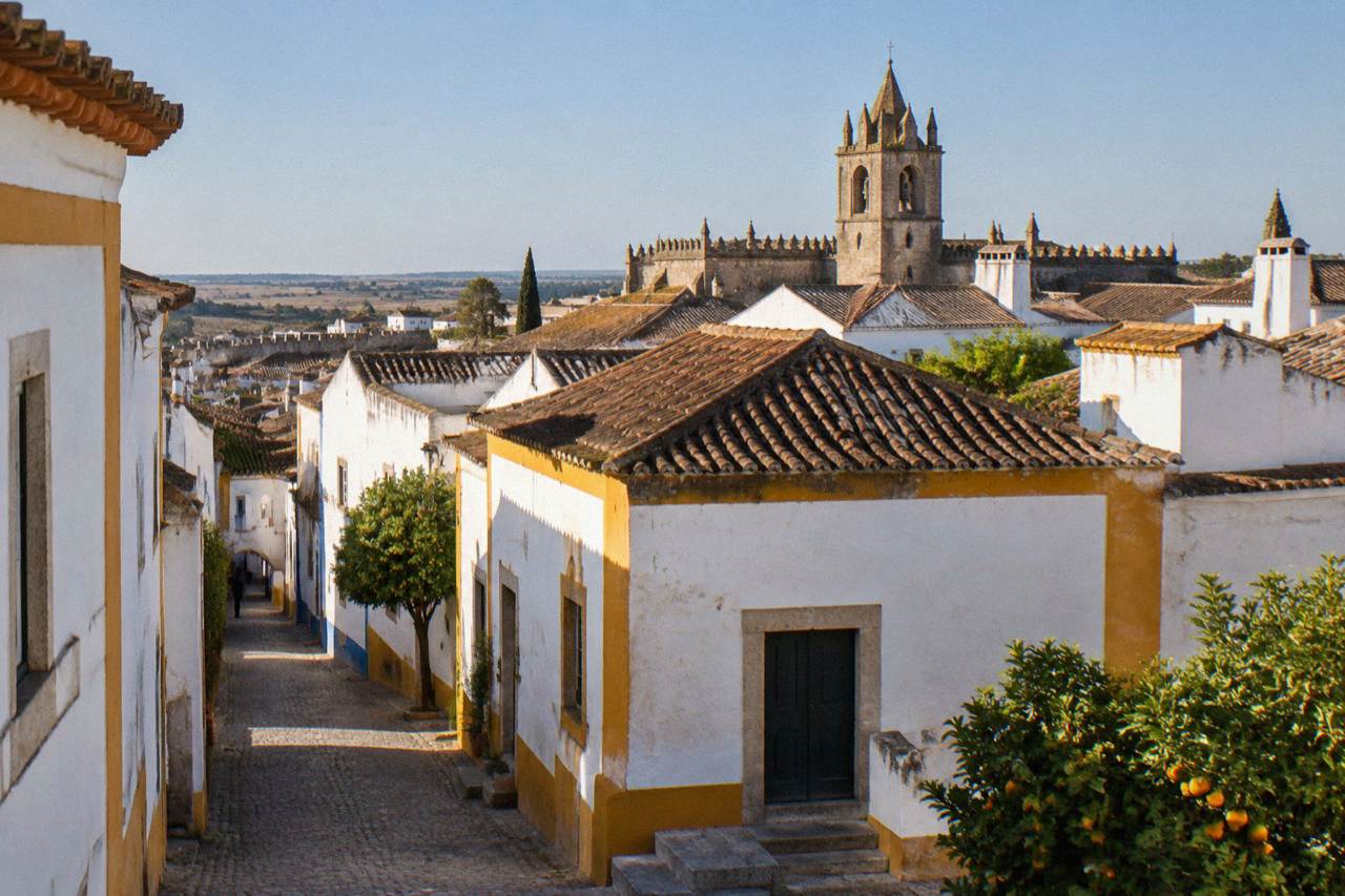 Rooftops and cathedral tower of Évora's walled historic centre at golden hour