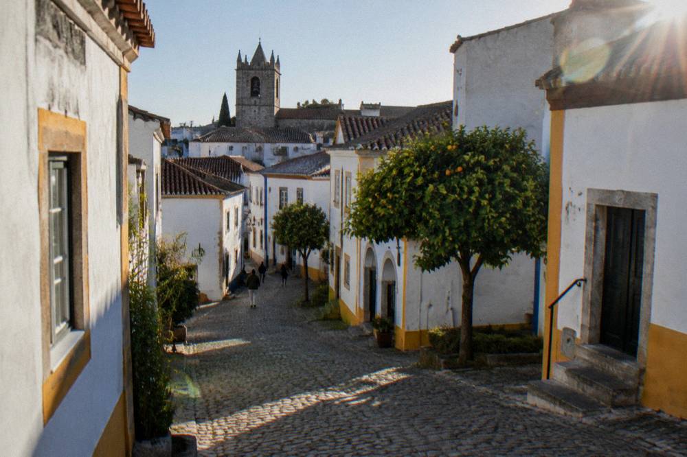 Sunlit gravel path and green lawns in a garden in Évora on a warm afternoon