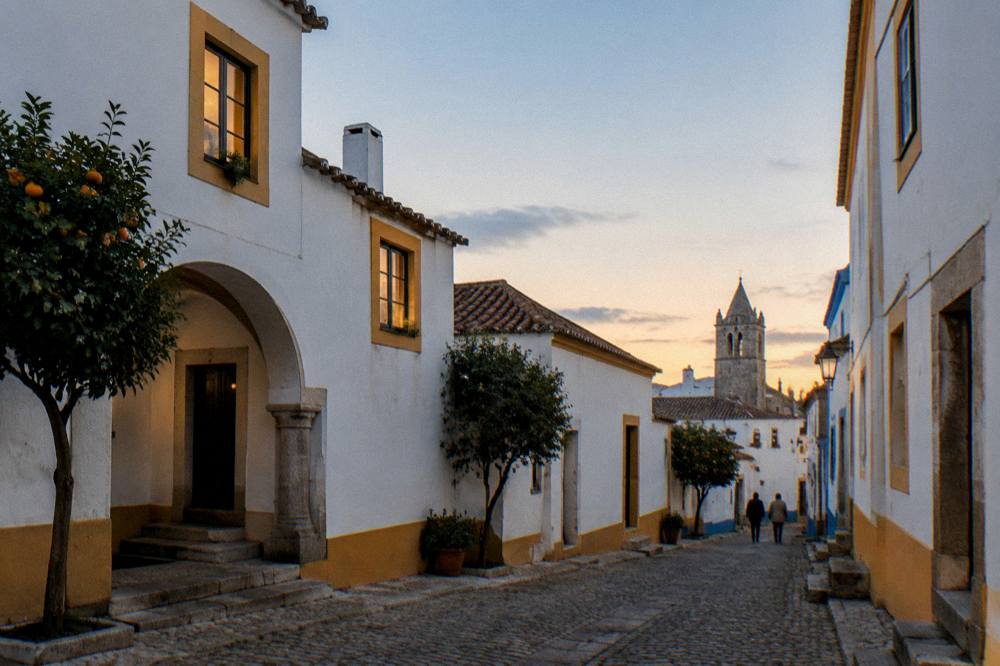 Evening light on garden paths and old stone walls in Évora