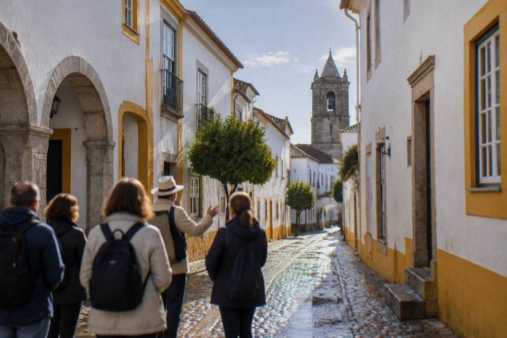 A small guided walking group listening to a guide on a narrow whitewashed street in Évora
