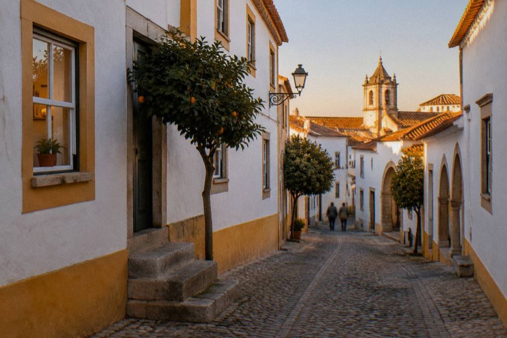 Golden evening light on the stone walls and tiled roofs of Évora's historic centre