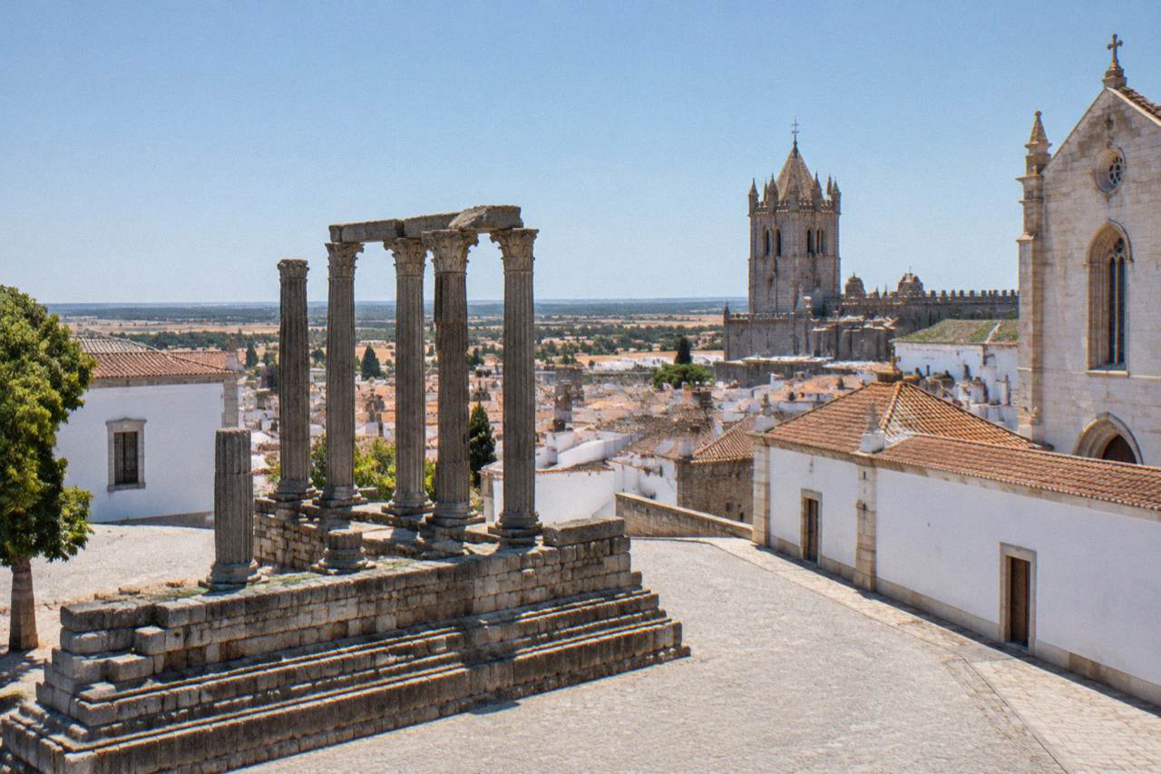 The Roman temple and cathedral tower rising above the rooftops of the walled centre of Évora