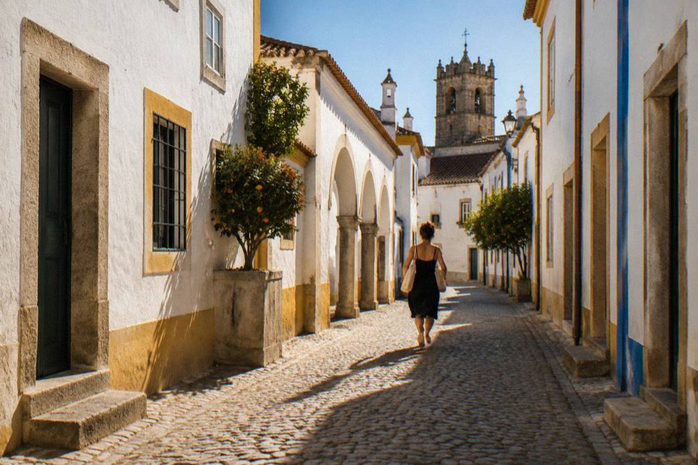 A narrow whitewashed street in Évora's historic centre leading away from the main square