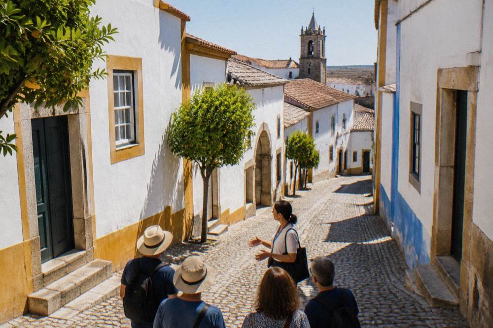 A guide speaking to a small group of visitors beside old stone buildings in Évora