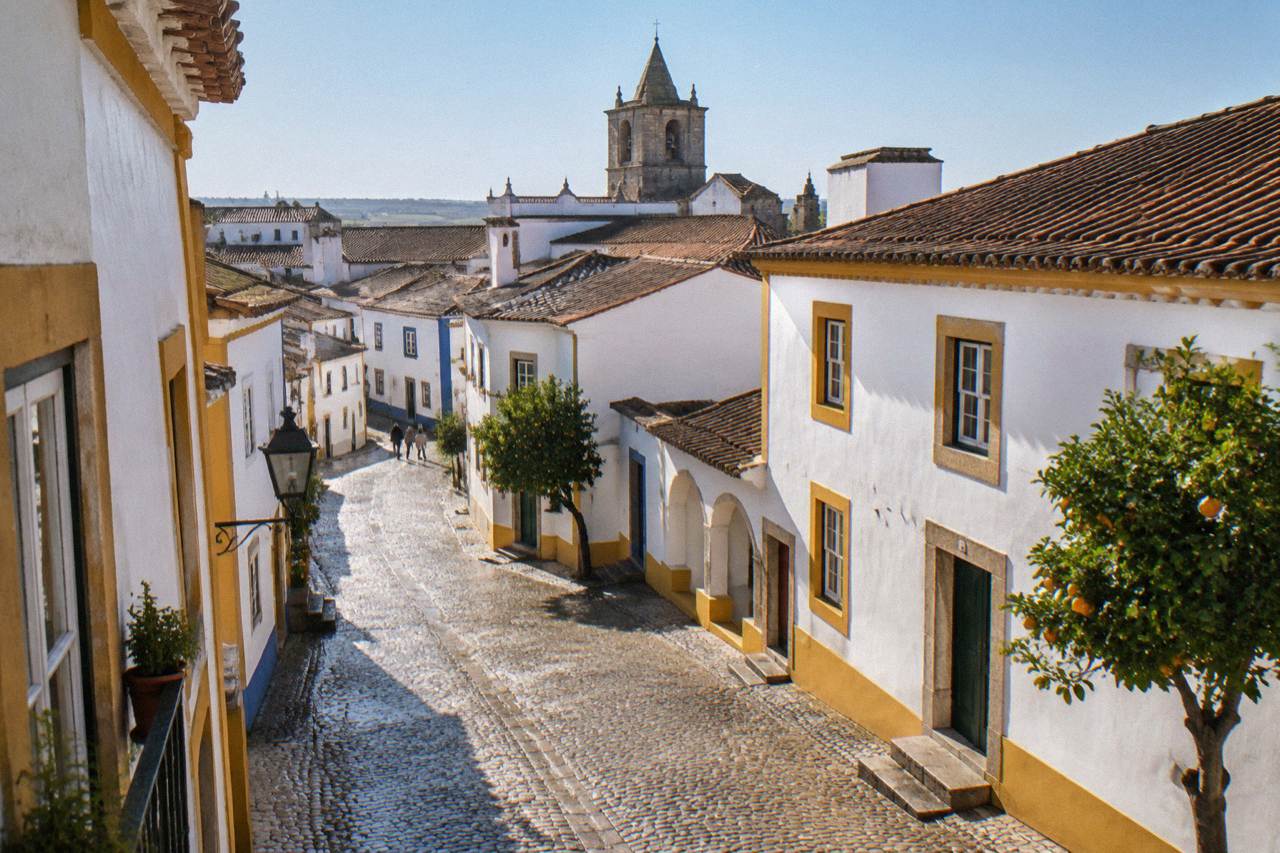 Church tower rising above the tiled rooftops of Évora's historic centre under a clear sky