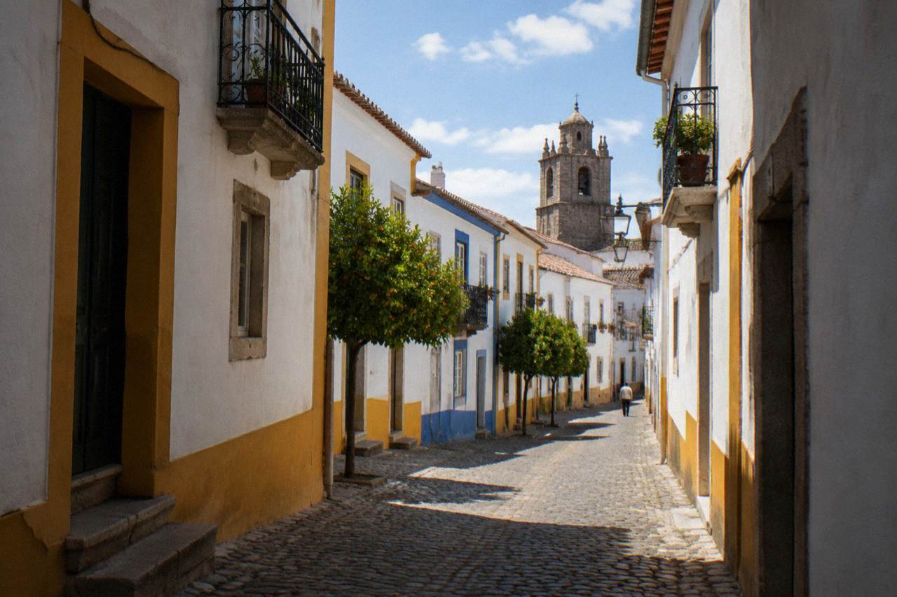 Narrow whitewashed lane with cobbles and wrought iron balconies in the old centre of Évora