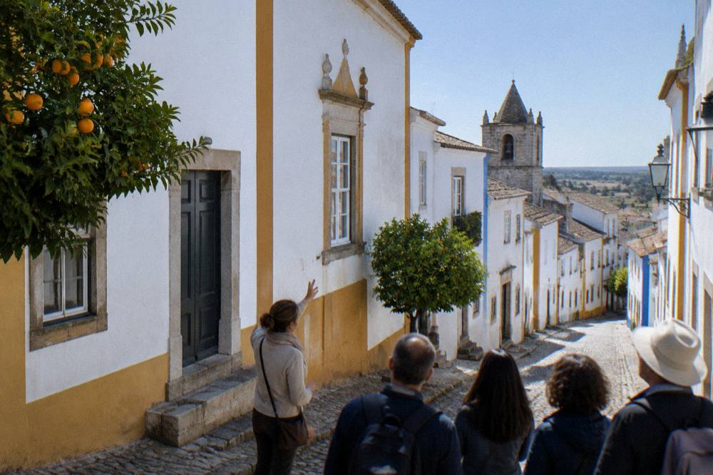 Tour guide pointing out details on a facade to a small group in an Évora street