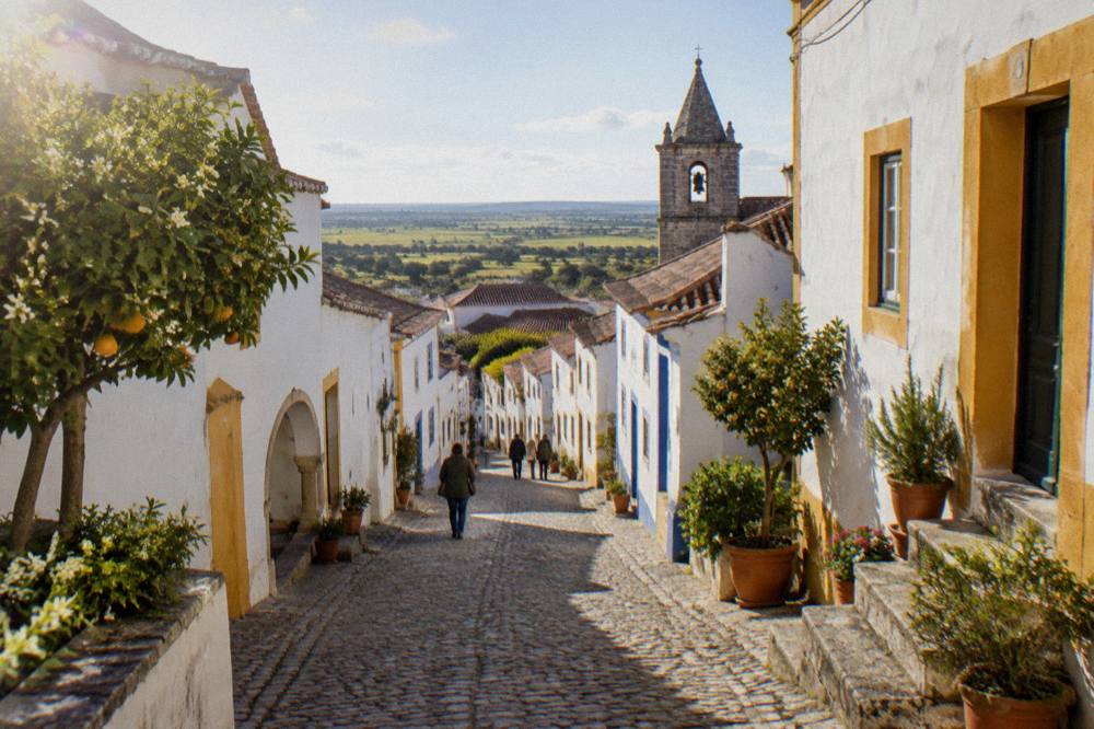 Spring light on a quiet cobbled street with white walls and potted plants in Évora