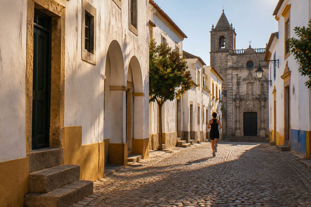 A stone convent church facade with an ornate portal standing in a narrow street in Évora