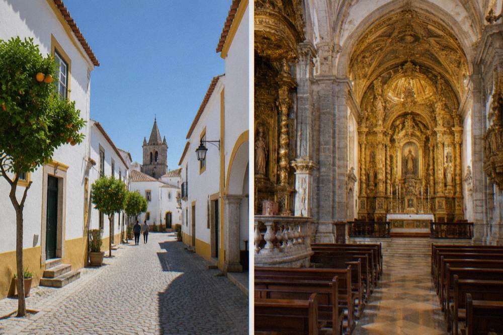 An ornate gilded church interior with carved stone details in Évora