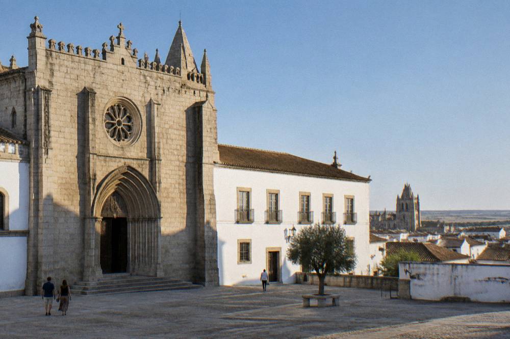 A cathedral tower and old rooftops seen from a high terrace in Évora