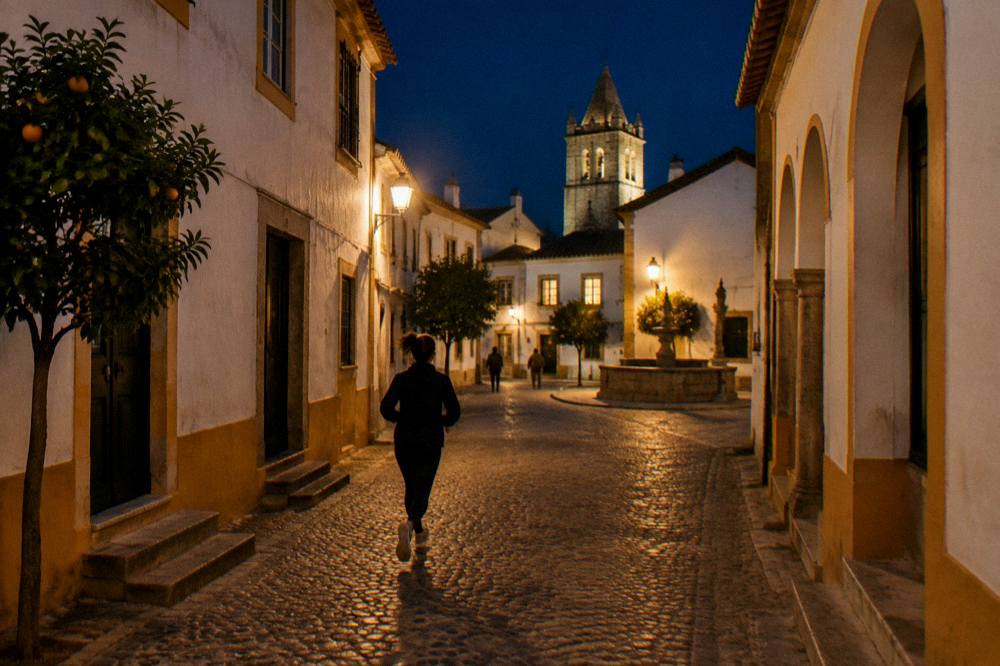 Night falling on a small Évora square, fountain lit by warm lamps and windows glowing in whitewashed walls