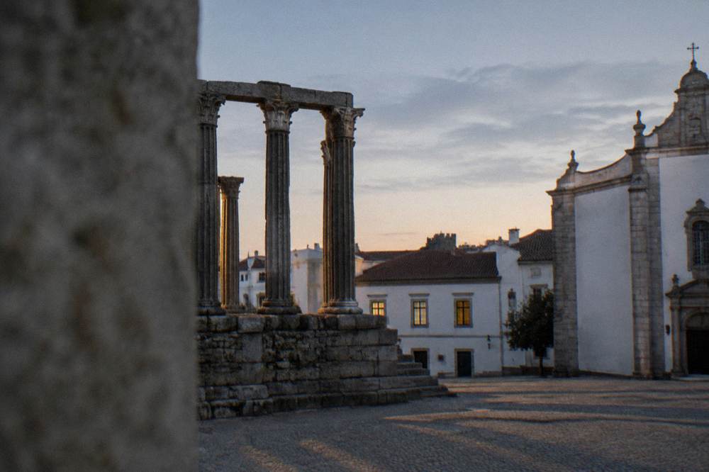 Evening light on the temple platform with the columns casting long shadows