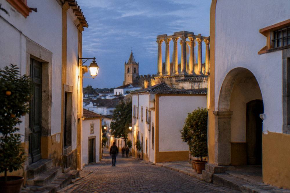 Dusk over the temple columns with warm lights in the streets of Évora below