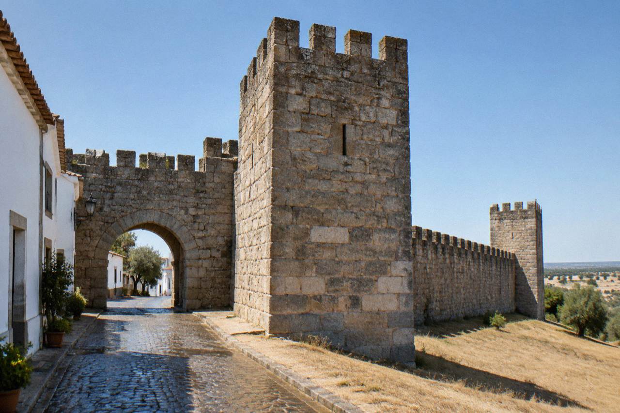 A stone watchtower on the old city walls of Évora under a clear sky
